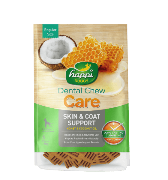 Happi Doggy - Dental Chew Care - Skin & Coat Support (Honey & Coconut Oil) - Regular Size - 150g