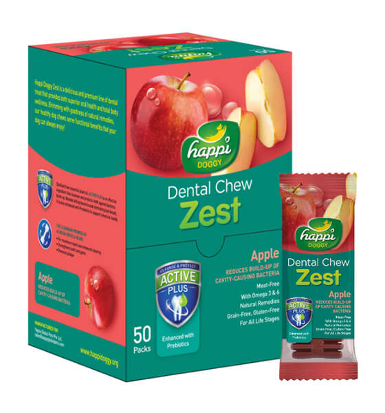 Happi Doggy - Dental Chew Zest - Apple - Reduces Build-Up of Cavity-Causing Bacteria - Box of 4inch