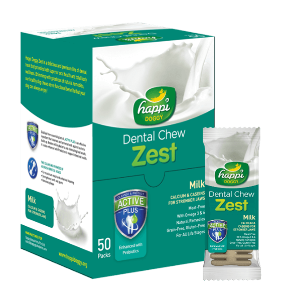 Happi Doggy - Dental Chew Zest - Milk - Calcium & Caseins for Stronger Jaws - Box of 4inch