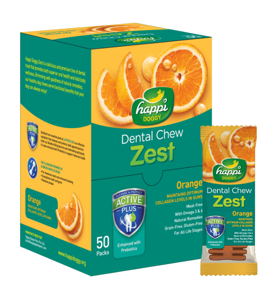 Happi Doggy - Dental Chew Zest - Orange - Maintains Optimum Collagen Levels in Gums - Box of 4inch