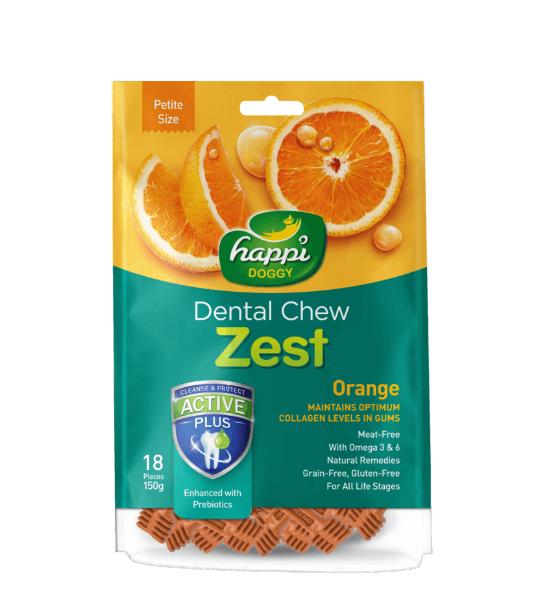 Happi Doggy - Dental Chew Zest - Orange - Maintains Optimum Collagen Levels in Gums - Petite Size - 150g