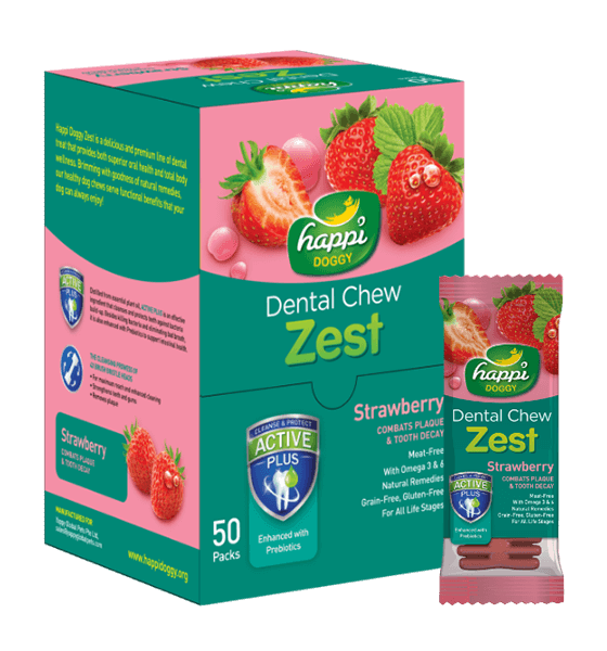 Happi Doggy - Dental Chew Zest - Strawberry - Combats Plaque & Tooth Decay - Box of 4inch